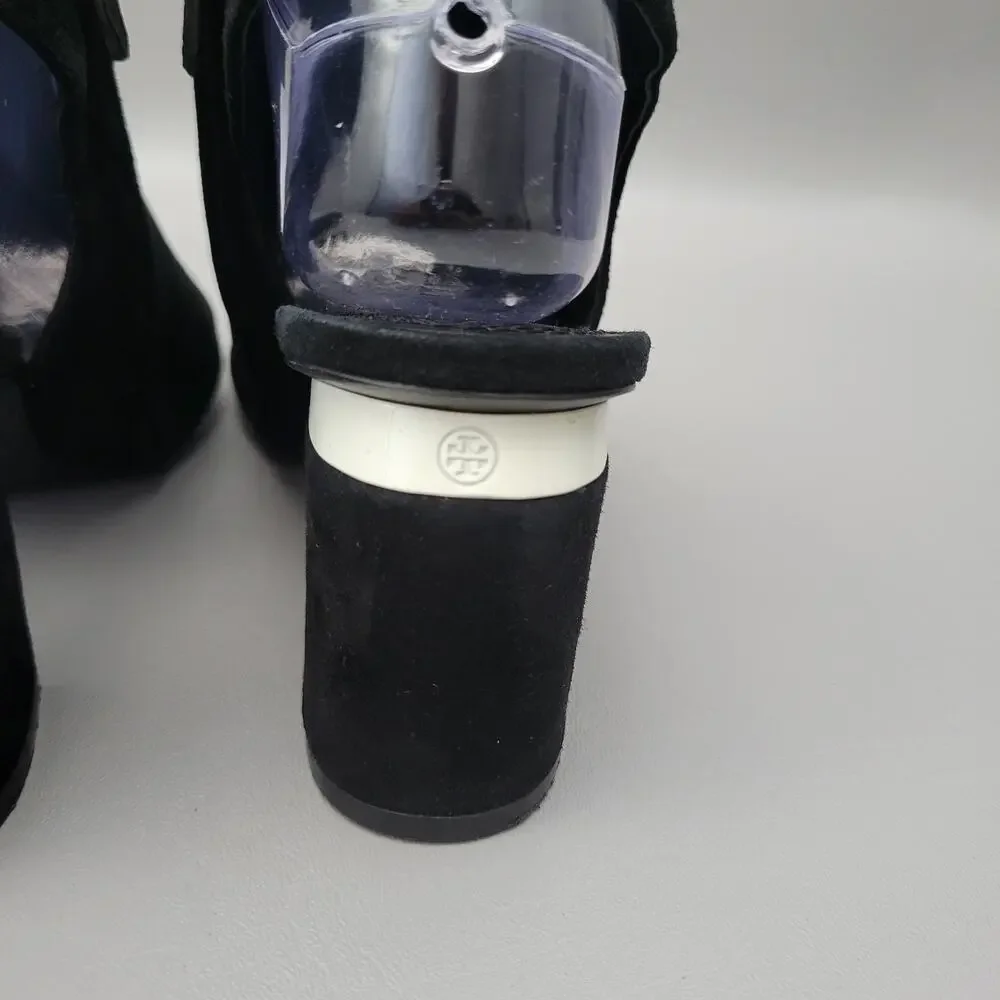 Tory Burch Size 8M Black Open Toe Block Heel Bootie Black Luxury Nubuck Peep Toe